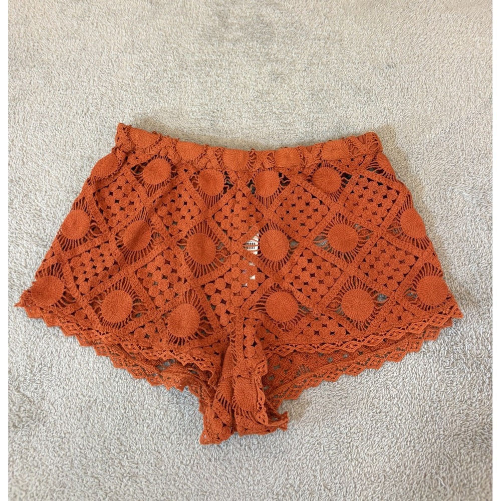 Anthropologie Boho Crochet Shorts Womens Small Rust Orange Festival Cottagecore